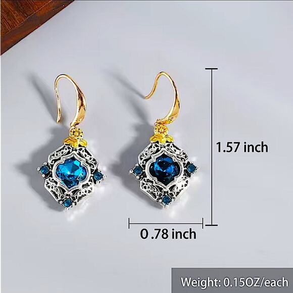 Vintage Blue Topaz Crystal Zircon Two Tone Dangle Earrings - Picture 5 of 5